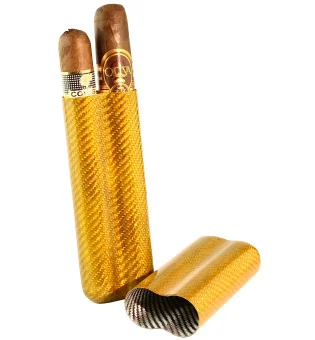 Cigarrfodral i Kolfiber Guld för 2 Cigarrer med 57 Ringmått